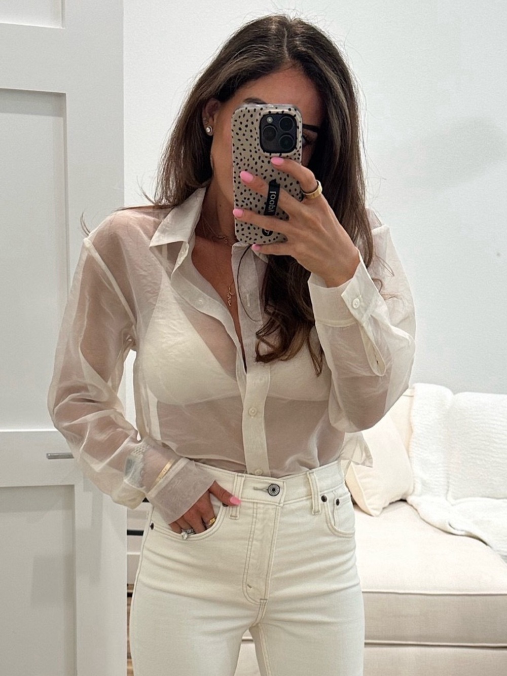 Sheer Button-Down Shirt in Cream — Lightweight Layering Top